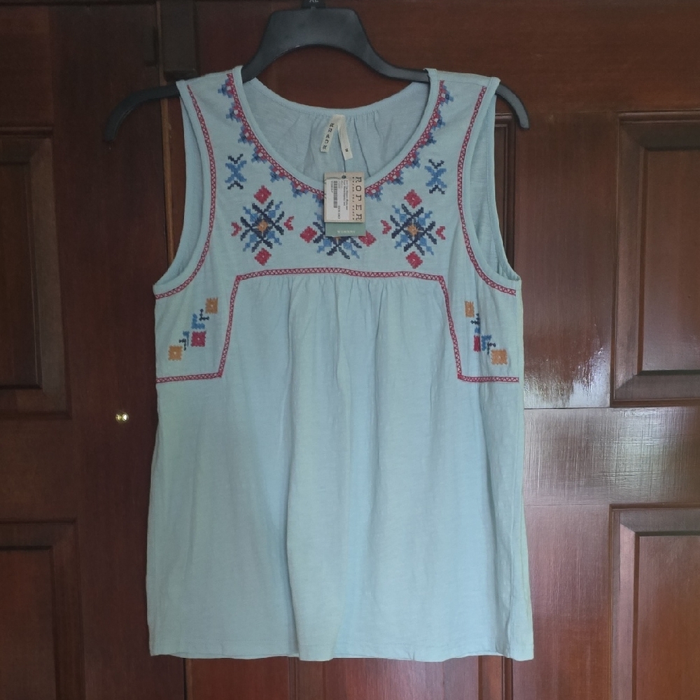 Roper Light Blue Embroidered Tank Top